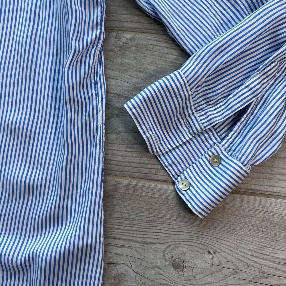 Chicos Womens Blue White High Low Striped Button Front Long Sleeve Blouse Size 2 - Picture 4 of 10